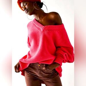 Free People Oversized V-Neck Knit Sweater in Hot Pink